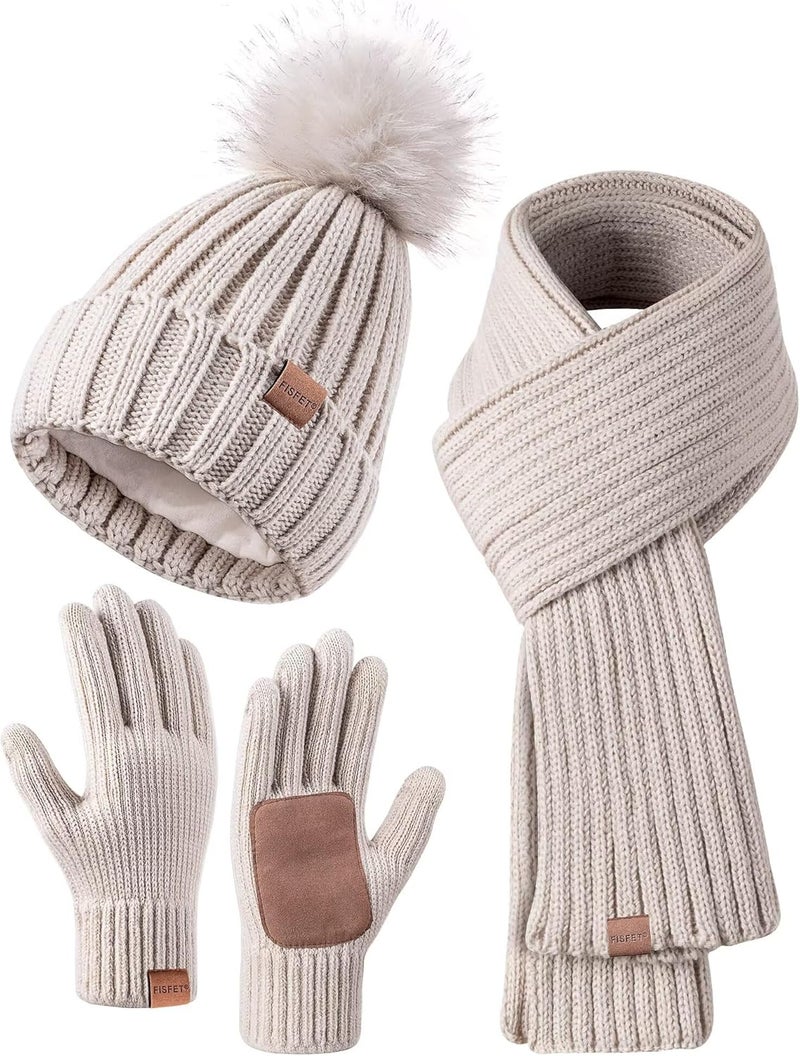 FISFET Winter Beanie Hat Scarf Gloves Set for Women, Womens Beanie with Pom Pom Long Scarf Neck Warmer Touchscreen Gloves 3 in 1 Set - Image 1